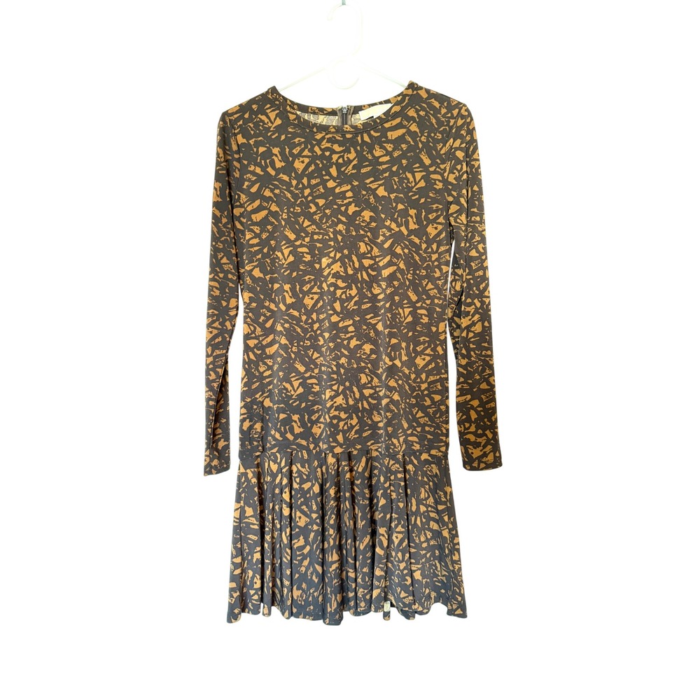 Michael Michael Kors Abstract Print Drop Waist Pleated Dress Brown Black Small